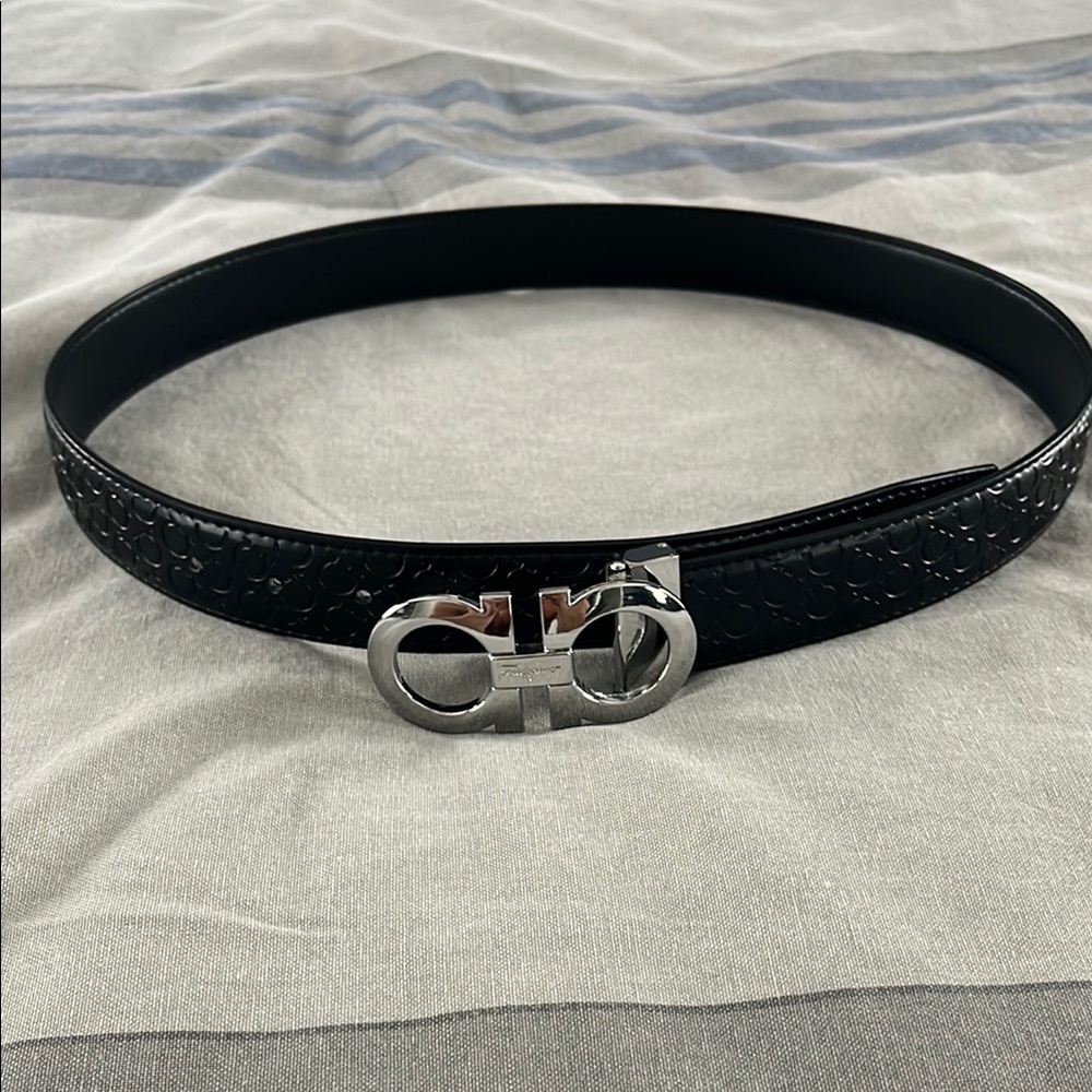 Salvatore Ferragamo Patterned Black Leather Belt with Silver Buckle